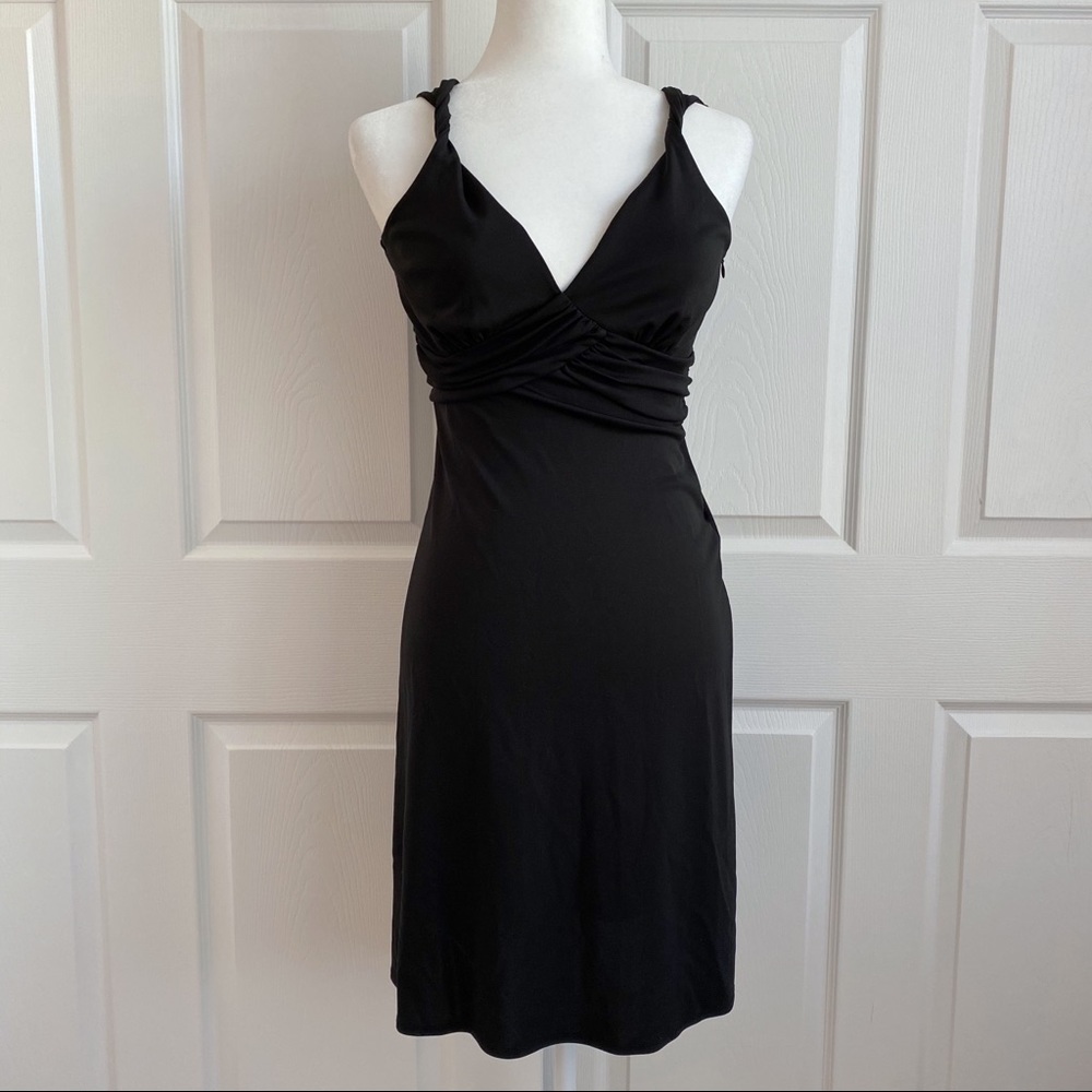 LOFT LBD Black V Neck Fit & Flare Dress Petite